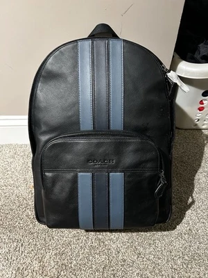 Coach Houston Leather Backpack Varsity Stripe Moto West Black & Blue Distressed - Image 1 of 4