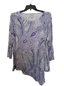 T-shirt donna Chicos Paisley orlo asimmetrico Ultimate taglia 4 viola e bianco 3/4 sl - Foto 1 di 3