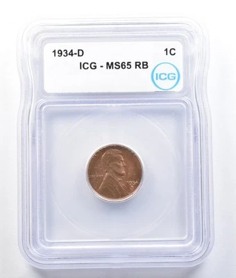 1934-D Lincoln Wheat Cent MS65 RB ICG *1481 - Image 1 of 3