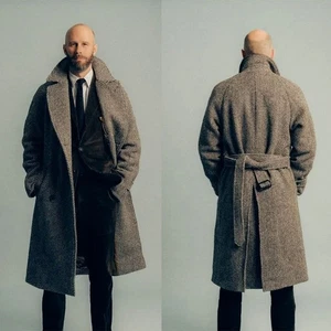 Abrigos de espiga para hombre con cinturón chaqueta de tweed abrigos largos solapa de pico ropa exterior - Imagen 1 de 11