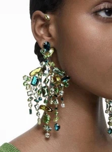 Swarovski Gema Ear Cuff Earrings, Chandelier Earrings, Green, Gold Alloy Layer - Picture 1 of 5