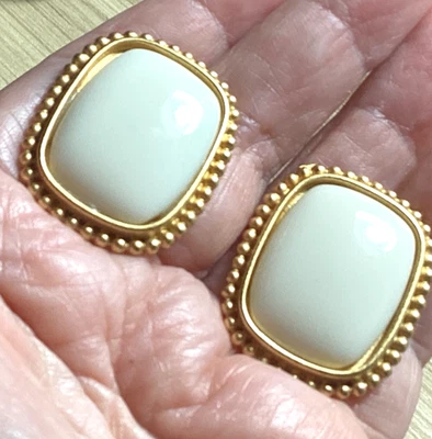 VINTAGE YVES SAINT LAURENT IVORY FAUX STONE EARRINGS CLIP ON  1.25 INCHES LONG - Image 1 of 4