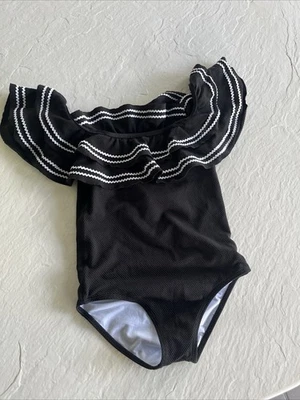 Traje de baño Janie And Jack con volantes texturizados negro blanco niñas talla 8 hombro descubierto Foto 1 de 4