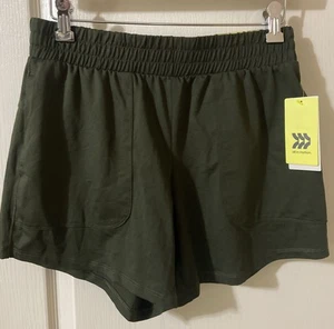 Women Stretch Knit Mid-Rise 5” Shorts All in Motion XS Olive Green Pockets NWT - Picture 1 of 9