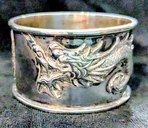 Antiguo anillo de servilleta chino de plata maciza dragón HM 90 fabricante Wang bisagra pesado - Imagen 1 de 14