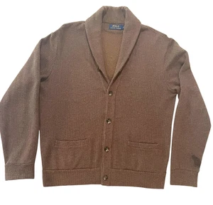 Polo Ralph Lauren Mens Sz M Cardigan Jacquard Fleece Shawl Collar Brown Kurt Cob - Picture 1 of 9