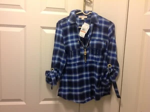NEW Michael Kors Women's Blue Plaid MK Buttons Shirt/Blouse Size S - Picture 1 of 9