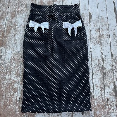 Falda Lindy Bop Mujer 10 Negra Blanca Polkadot Lazo Ajustada Sobre la Rodilla Recta Foto 1 de 4
