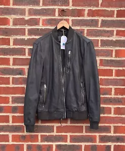 AllSaints Mens KINO Leather Bomber Jacket SMALL Grey Biker Moto All Saints 2 A92 - Picture 1 of 12