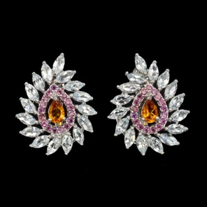 925 Sterling Silver Earrings Pear Citrine Aquamarine Rhodolite Gemstone Jewelry - Picture 1 of 9