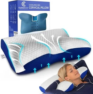 Cooling Gel Cervical Neck Pillow for Pain Relief Sleeping Ventilated Blue Memory - Picture 1 of 6