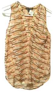 American Dream Sheer Tank Top Cami Sleeveless Blouse Women XS Orange Brown Lines - Picture 1 of 6
