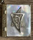 Vintage Trinket Pill Box Book Shaped Mother of Pearl Masonic or Asian Symbol