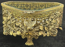 Vtg Gold Gilt Ormolu Filigree Beveled Glass Dresser Box Vanity Jewelry Casket 