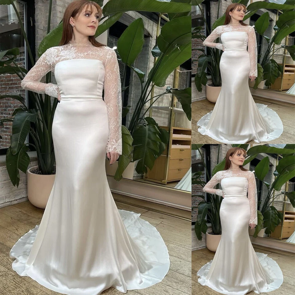 Vestidos de novia de sirena de satén de seda con apliques de encaje de mangas largas Foto 1 de 4