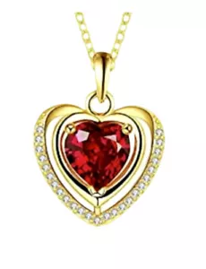 YELLOW GOLD FINISHED RED RUBY AND CREATED DIAMOND HEART CUT NECKLACE GIFT BOXED - Picture 1 of 12