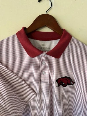 Рубашка поло Arkansas Razorbacks мужская большая красно-белая в полоску для гольфа NCAA футбол Y2K - Изображение 1 из 4