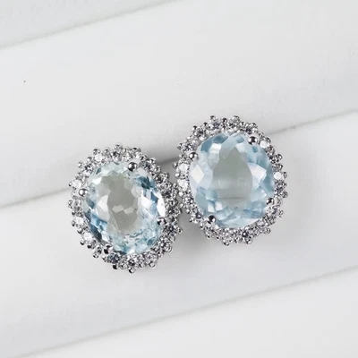 Fabulous Blue Aquamarine 925 Sterling Silver Handmade Fine Jewelry Halo Earrings - Image 1 of 4