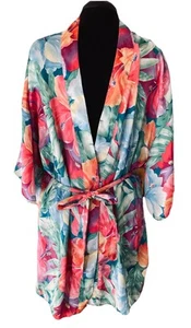 Vintage Val-Mode Lingerie Satiny Short Tie Robe Multi-Color Floral USA - M - Picture 1 of 3