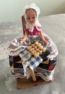 Vintage Lady Bobbin Lace Maker Doll Plastic 5.5" Brugge Belgium collectable - Picture 1 of 3