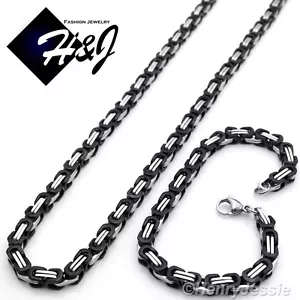 30"MEN's Stainless Steel 6mm Silver/Black Plated Box Link Necklace Bracelet SETS - Picture 1 of 5
