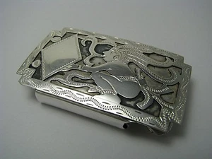 HANDMADE STERLING SILVER BELT BUCKLE NIELLO "Mayan Shaman" Guatemala c1960s USED - Picture 1 of 12