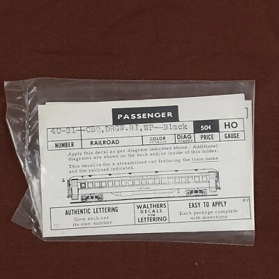 Walthers HO Scale 40-81 CBQ, DRGW, RI, Western Pa Passenger Car Black Decals NOS - Image 1 of 4