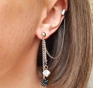 Dice Ear Cuff Casino Lover Gift Dangle Earrings Black and White Dice Ivories - Picture 1 of 24