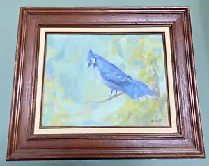Original Art Painting Bird Blue Jay Bluejay Signed Cottagecore Framed 21"x25" - Picture 1 of 9