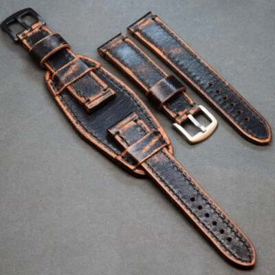 Correa de reloj  cuero negra 18-26mm hecho de mano bund strap militar cuff band - Immagine 1 di 4