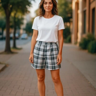 Bermudas a cuadros para mujer St. John's Bay talla 16 negras blancas grises elásticas Foto 1 de 4