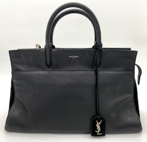 Yves Saint Laurent Black Grained Calfskin Leather Cabas Rive Gauche Medium Bag - Picture 1 of 17