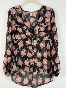 Forever 21 Women's Black/Pink Floral Sheer Long Sleeve Blouse Size XS - Picture 1 of 3