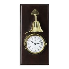 Bey Berk Lacquered Brass Porthole Quartz Striking Bell Clock on Mahogany Wood.