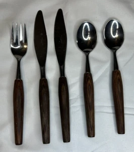 MODE DANISH Stainless Teaspoons Fork Knives Japan MCM Teak Wood Handle Flatware - Picture 1 of 15