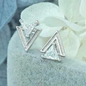 2 Ct Trillion Cut Simulated Diamond "V" Shape Stud Earring 14k White Gold Plated - Picture 1 of 11