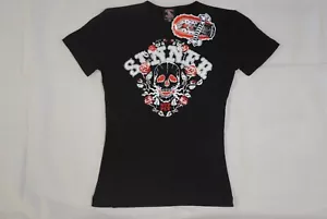 SINNER SUPPLY SKULL & ROSES LADIES FITTED SKINNY T SHIRT NEW OFFICIAL RARE - Picture 1 of 4