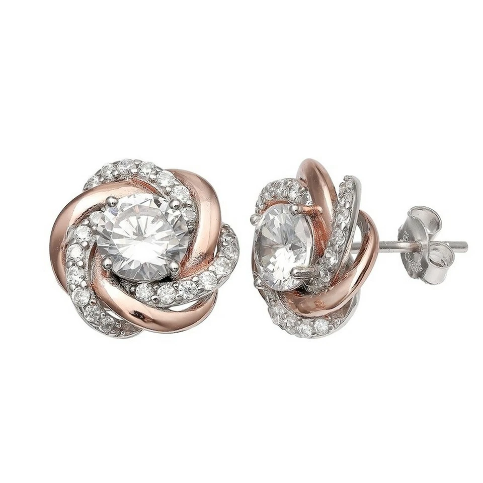 Primrose Sterling Silver 18K Rose Gold Cubic Zirconia Knot Stud Earrings