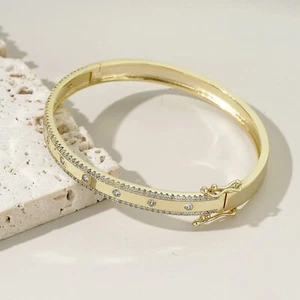 Women's 14K Gold-Plated Brass CZ Bangle Bracelet 60 mm Interior Diameter - Picture 1 of 6