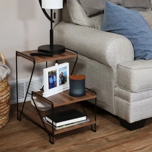 Indoor 3-Tiered Wire Accent Table with Faux Woodgrain Tabletops by Sunnydaze - Picture 1 of 10