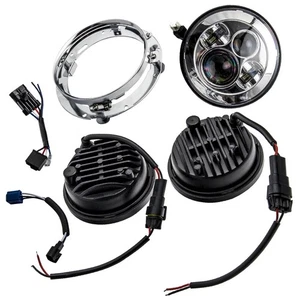 7" Black LED Headlight + Passing Lights + Mount Ring kit For Harley 12V-30V DC - Picture 1 of 12