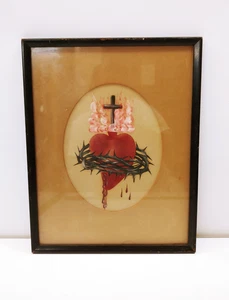 Vintage Blutendes Herz - Herz Jesu - Religiöse Kunst Gemälde A - Bild 1 von 5