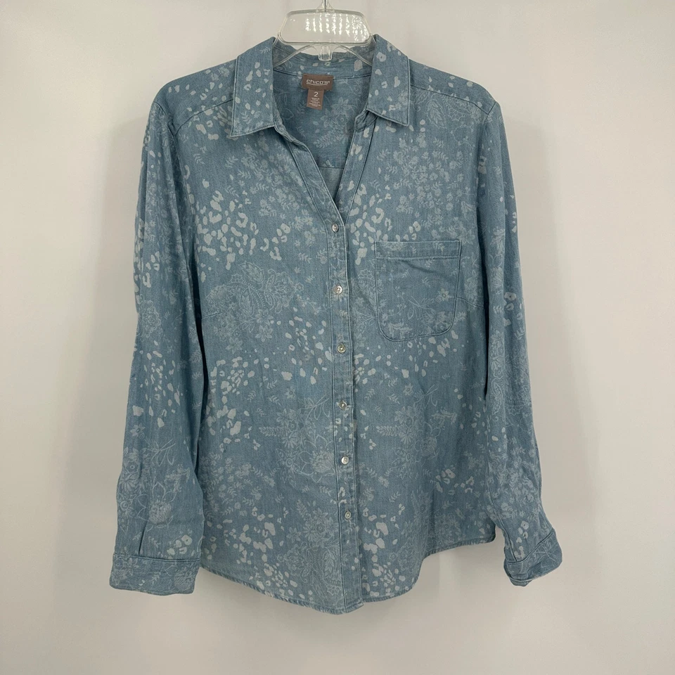 Chicos Womens Button Up Shirt Size 2 US L Hemp Blend Chambray Boho Casual Floral - Image 1 of 4
