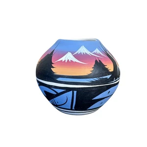 Southwest Native American Style Pottery Vase Hand Painted Mountain Sunset Signed - Picture 1 of 7