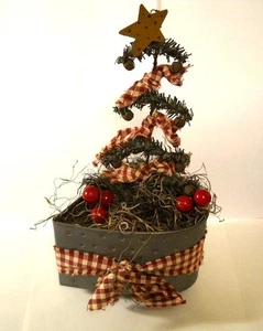 Primitive Hand Crafted Heart Tin with Prim Christmas Tree & Rusty Bells 10" - Picture 1 of 6