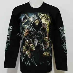 T-shirt a maniche lunghe Grim Reaper Skull Death Glow in the Dark taglia M-XXL - Foto 1 di 5