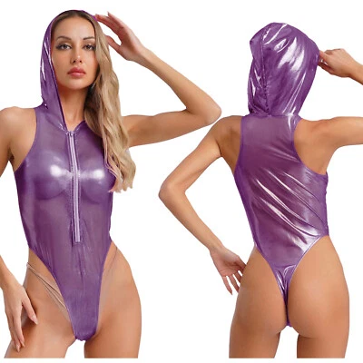 Mujeres Con Capucha Ver a Través Body Cremallera Frontal Brillo Mono Leotardo Prendas para el torso Foto 1 de 3