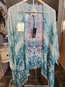 CHASER Classic Kimono/Shawl/Wrap Torquise/Cream Floral Tie DyedCrepe De Silk M/L - Picture 1 of 10