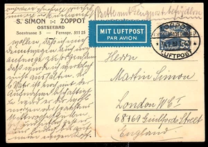 Danzig 301, 50 Pf. Airmail on Card from Zoppot 14.2.38 to London - Picture 1 of 2