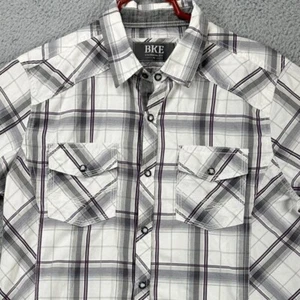 BKE Western Shirt Mens Medium White Grey Plaid Cowboy Pearl Snap Standard Fit - Picture 1 of 12